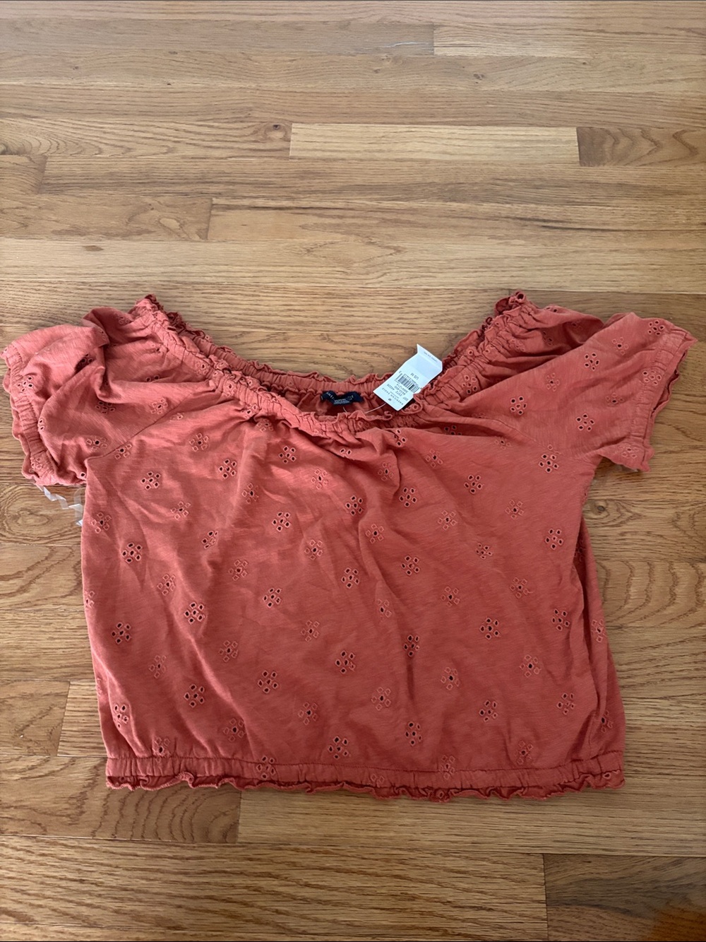 American Eagle Outfitters Rust Off-Shoulder Eyelet Top